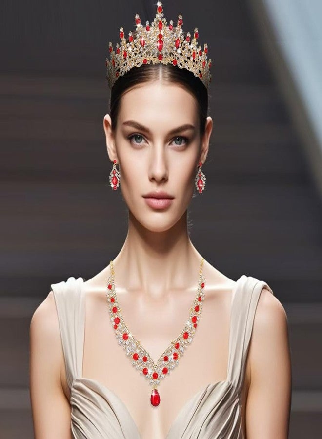 Geurlev Tiaras and Crowns for Women,Tiaras Earrings Necklace, Crystal Bridal Jewelry Set, (GoldRed) - Image 3